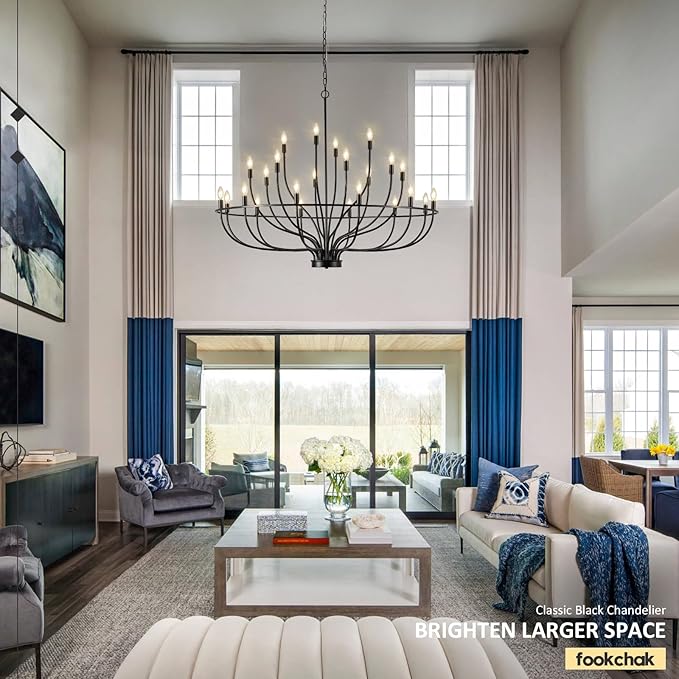 24 Light Black Chandelier 51'' Large Candle Chandeliers for High Ceiling Foyer Modern Farmhouse Chandelier Light Fixture for Large Living Room Dining Room Stairs Entry Restaurant Hotel