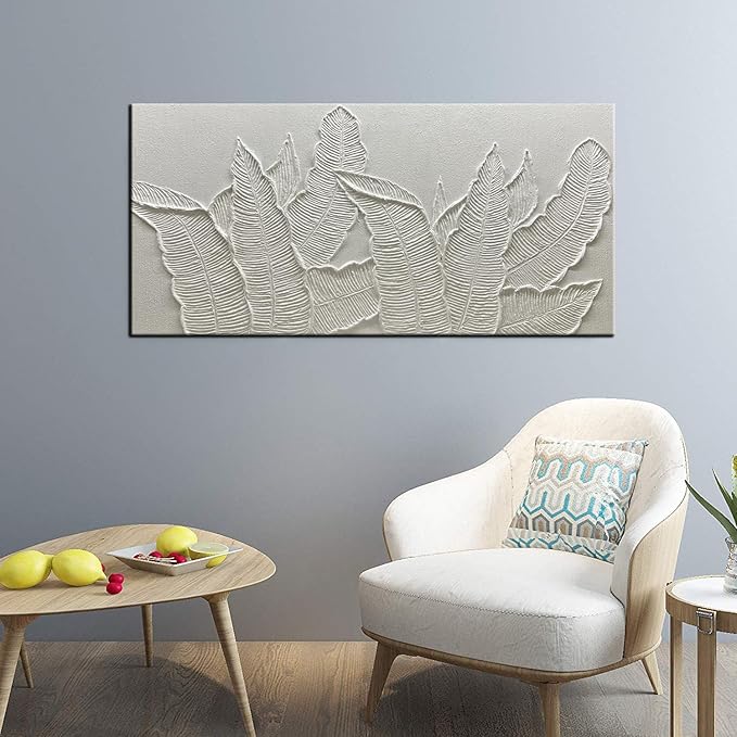 Modern Tropical Palm Leaf Wall Art, 3D Textured Relief Panel, White