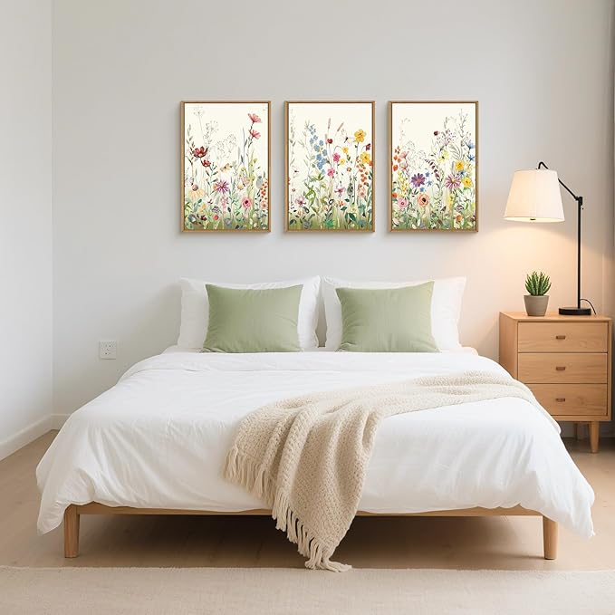 Aryroi Watercolor Colorful Wildflower Framed Canvas Wall Art Set,Modern Nature Flower Wall Decor,Natural Pink Green Floral Botanical Artwork for Living Room, Bedroom,Farmhouse- 16"x24"x3
