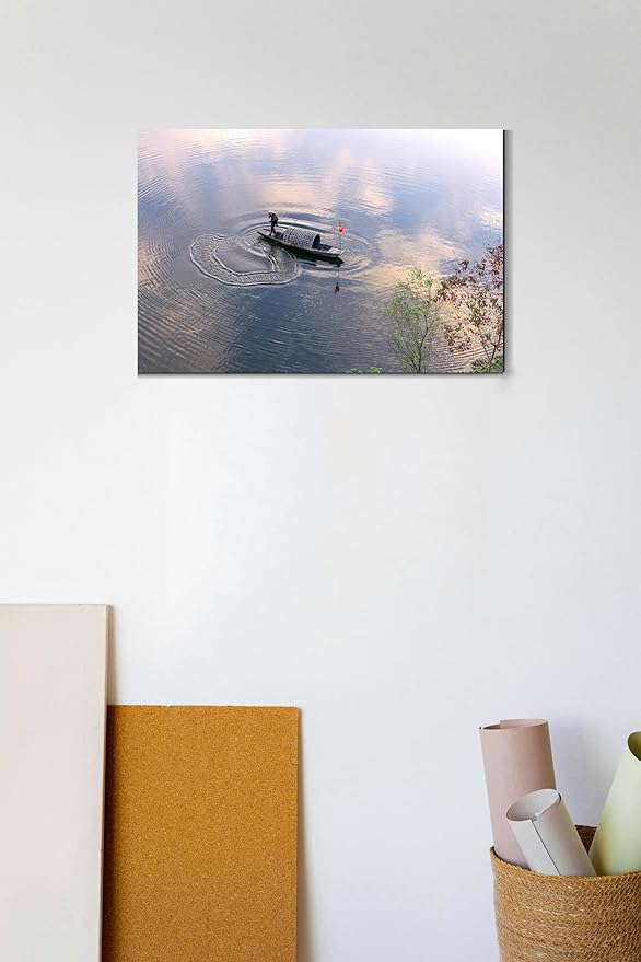 Oriental Beauty: Stunning Feng Shui Landscape Wall Art Prints for Home Decor in 3 Sizes (Silent Waters: Traditional Boatman at Dawn, 20" x 30")