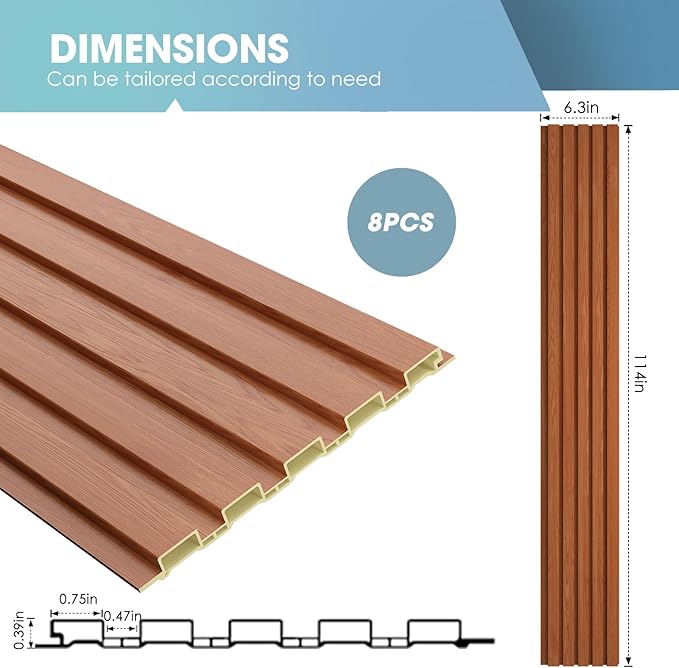 OUZUGIE WPC Acoustic Slat Wall Paneling, 8-Pack 114 x 6 Inches 3D Wall Panels for Interior Wall Decor,Living Room,TV Background,Study Room,Office Spaces,Bedroom,Low Grille (Teak)