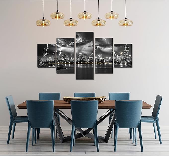 Boston Wall Art Massachusetts Panoramic Night Wall Decor Lightning Strikes City Picture Boston Skyline Canvas Prints Black and White Painting Poster Framed Home Decoration(60x32 inches)