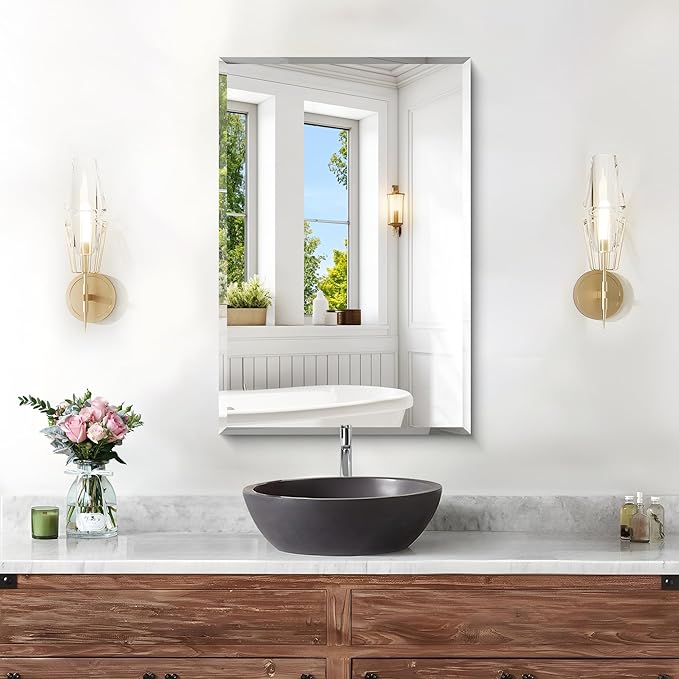 KOCUUY Frameless Bathroom Mirror, 16x24 Inch Beveled Mirror for Over Sink, Upgraded Shatterproof Unframed Design with Beveled Edge Mirror for Bathroom, Bedroom, Entryway, Hang Horizontal/Vertical