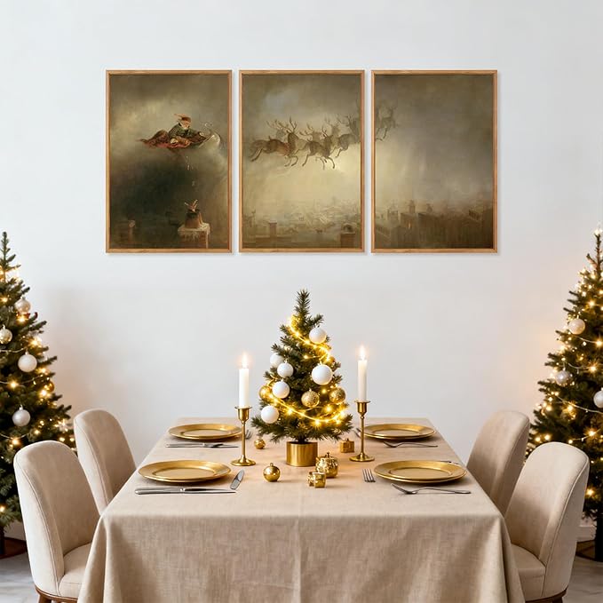 Aurlan Vintage Santa's Sleigh Rides Framed Wall Art(16"x24"), 3PCS Mid Century Modern Moody Black Christmas Eve Santa Claus with Reindeer Sleigh Canvas Artwork, Neutral Abstract Xmas Winter Holiday Gift Decor for Home Office Bedroom