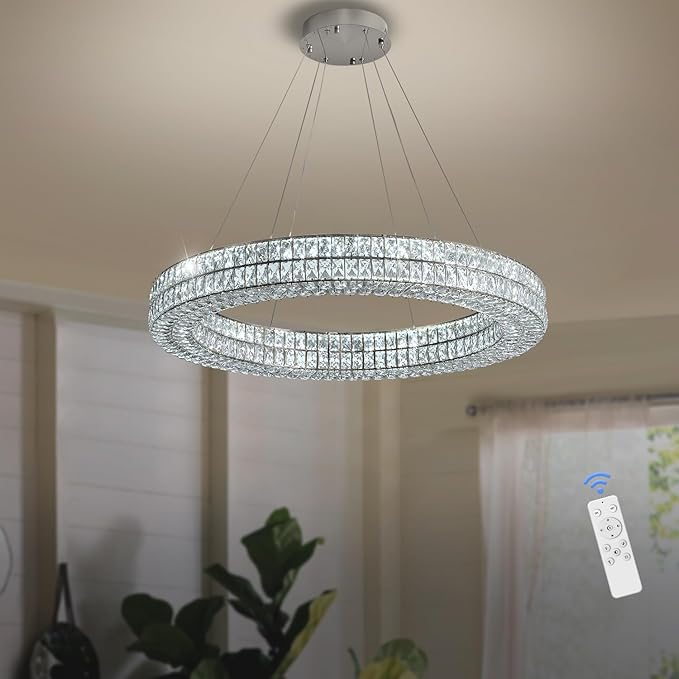 Led Ring Crystal Chandelier for Living Room, Modern Dimmable Chandeliers Lighting and Hanging Adjustable, LED Round Ceiling Chandelier for Dining Room (40inch,Black)
