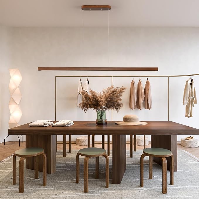 71" Wood Linear Pendant Light Modern LED Dimmable Ceiling Hanging Light Fixtures Wood Linear Chandeliers 40w for Dining Room Kitchen Island Pool Table Bar Walnut Color