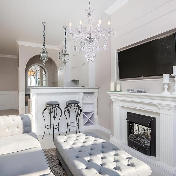 Modern Crystal Chandelier with 6 E12 Sockets, Adjustable Chain, Elegant K9 Crystal Lighting Fixture for Living Dining Room, Foyer