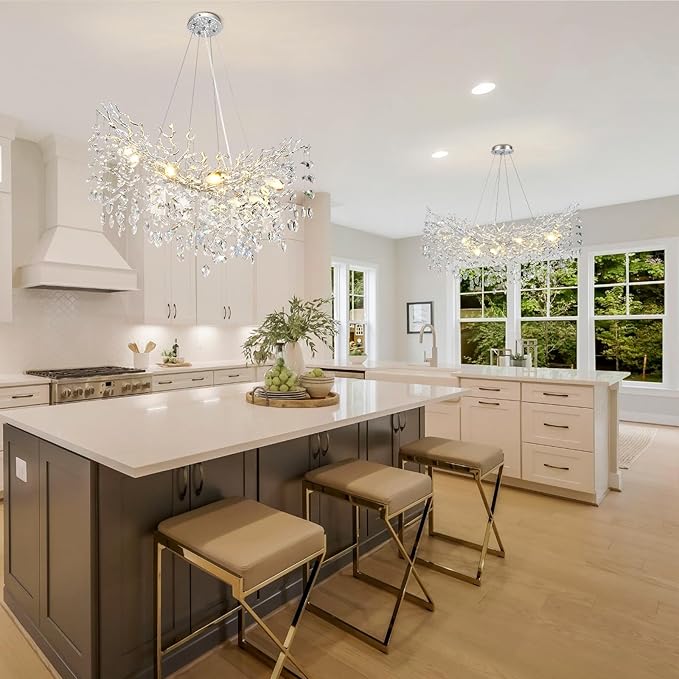 36inch Crystal Rectangle Chandelier for Dining Room, Silver Tree Branch Chandeliers Over Table, Top K9 Crystal Modern Chandeliers for Dining Table,Kitchen Island,Luxury Rectangular Chandelier