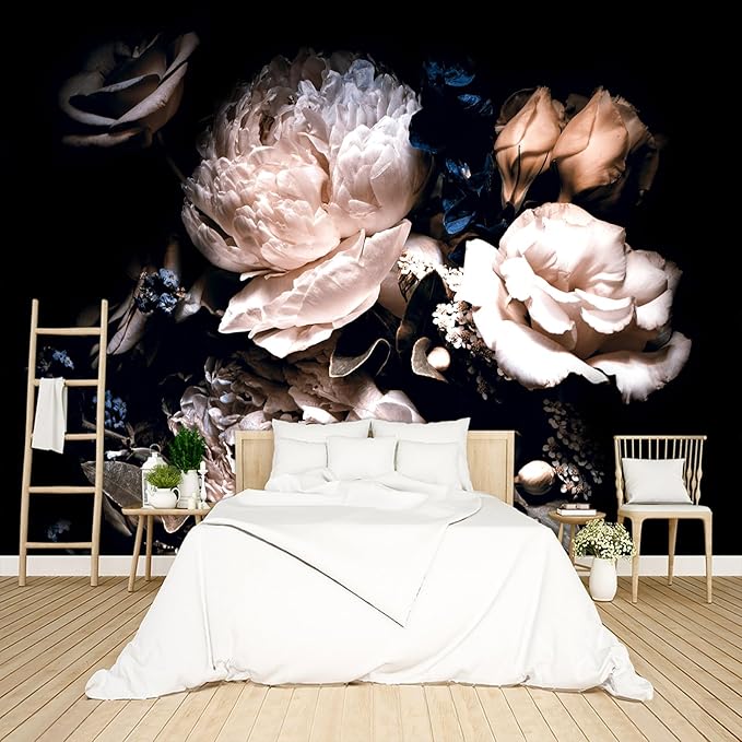 Black Peony Floral Wallpaper Peel and Stick Wall Mural for Bedroom Living Room - 58"x86"