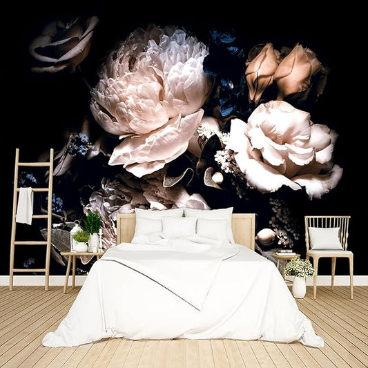 Black Peony Floral Wallpaper Peel and Stick Wall Mural for Bedroom Living Room - 58"x86"