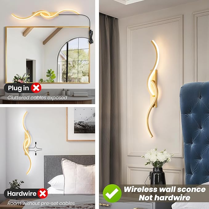 Battery Operated Wall Sconces, Rechargeable Wall Sconces, 3000K-6500K LED Wireless Wall Light, Modern Wall Lamp not Hardwired for Living Room Bedroom Hallway (Gold)