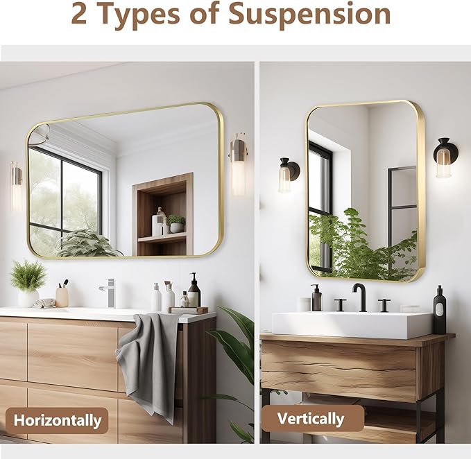 22x30 Inch Gold Bathroom Mirror, Brushed Gold Metal Framed Rectangular Mirror with Rounded Corner, Bathroom Vanity Mirror for Bedroom or Living Room, Horizontal/Vertical
