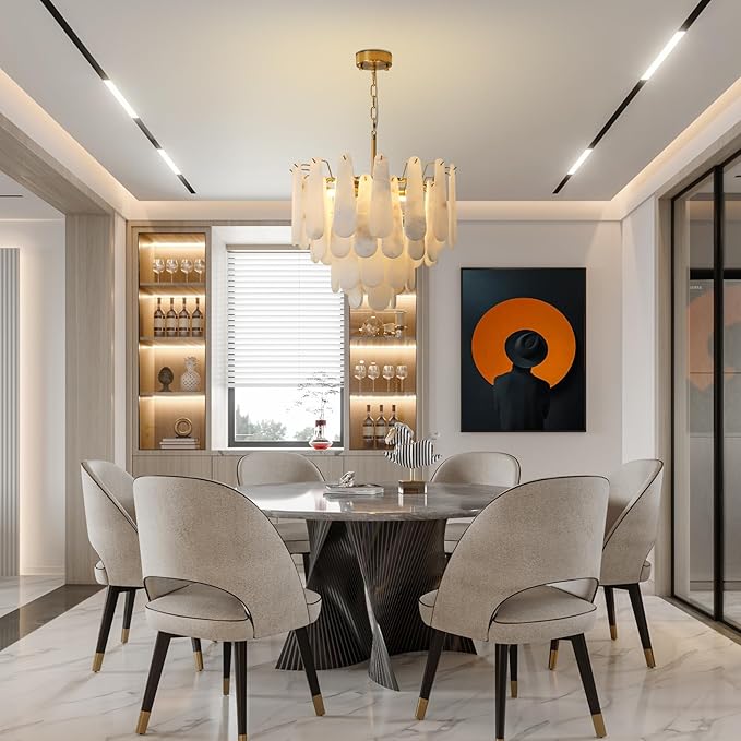 Alabaster Chandelier, D23.6in Modern Alabaster Round Dining Room Chandelier, 4-Tiers Luxury Natural Stone Ceiling Light Fixture, White Marble Chandeliers for Living Room Bedroom Foyer Entryway Kitchen
