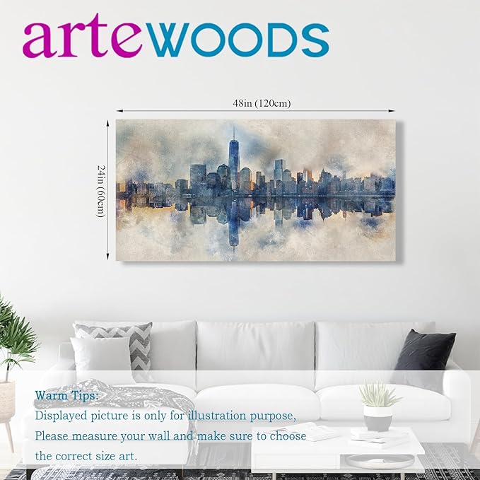 New York City Canvas Wall Art Navy Blue Pictures Abstract Paining City Reflection in Water Canvas Print Modern City Skyline Canvas Artwork for Living Room Bedroom Office Wall Decor 24" x 48"