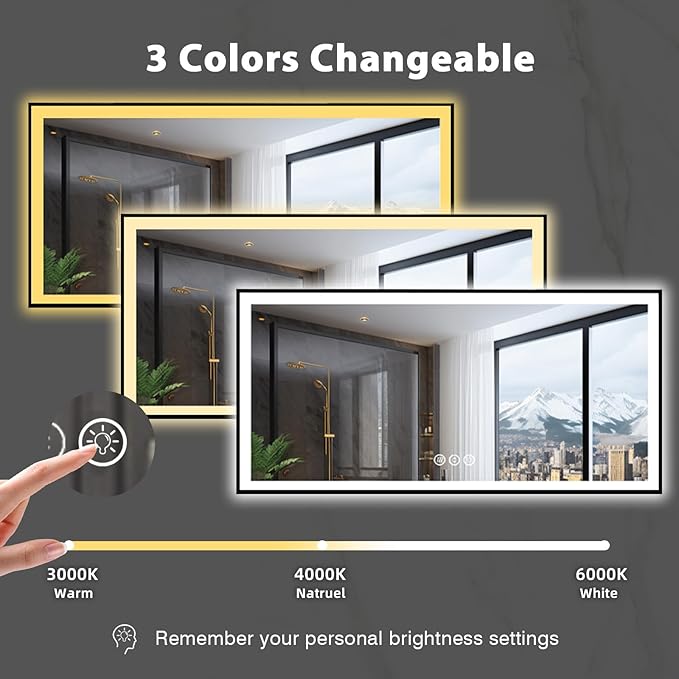 84x40 Large Light up Bathroom Mirror, Wall-Mounted LED Vanity Mirrors, Black Trim and Double Lights, 3 Colors and Stepless Dimming, Anti-Fog, Memory, Shatterproof (Horizontal/Vertical)