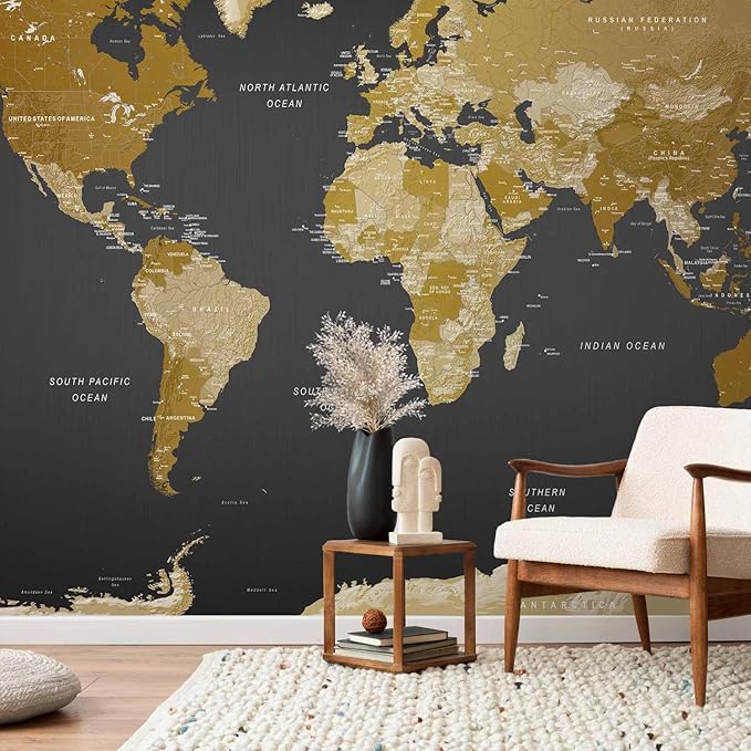 artgeist Wall Mural World Map 193x138 in - XXL Peel and Stick Self-Adhesive Wallpaper Removable Large Sticker Foil Wall Decor Print Picture Image Design Map of The World k-A-0092-a-a