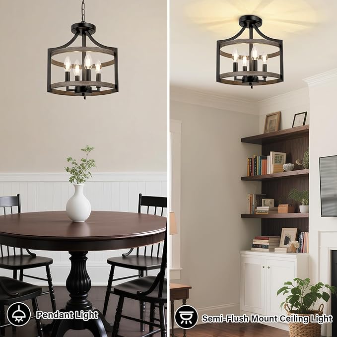 4-Light Farmhouse Chandelier, Rustic Metal Hanging Pendant Lighting, Convertible Semi Flush Mount Ceiling Light Fixture Faux Wood Black Chandeliers for Dining Room Kitchen Foyer Entryway