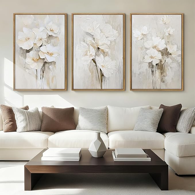 Anyzal Framed Beige Floral Wall Art Neutral Flower Wall Decor for Living Room Bedroom Dining Room 16x24 Inch Set of 3