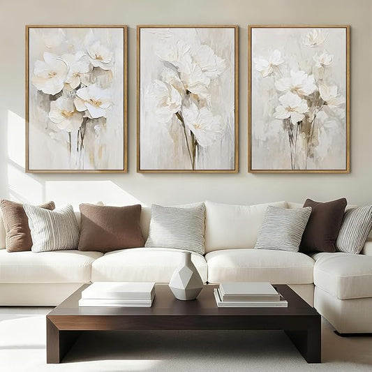 Anyzal Framed Beige Floral Wall Art Neutral Flower Wall Decor for Living Room Bedroom Dining Room 16x24 Inch Set of 3