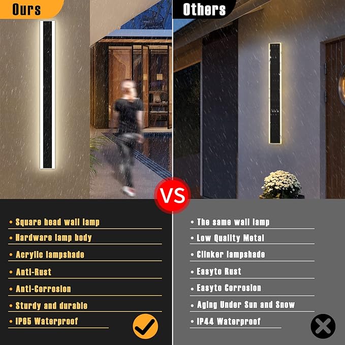 Modern 23.6inch Outdoor Wall Light, 3000K Black Acrylic Exterior Lighting Fixtures Wall Mount, Ip65 Waterproof Modern Porch Lights Outdoor Wall Sconce, Led Long Outdoor Lights for House Hard-Wired