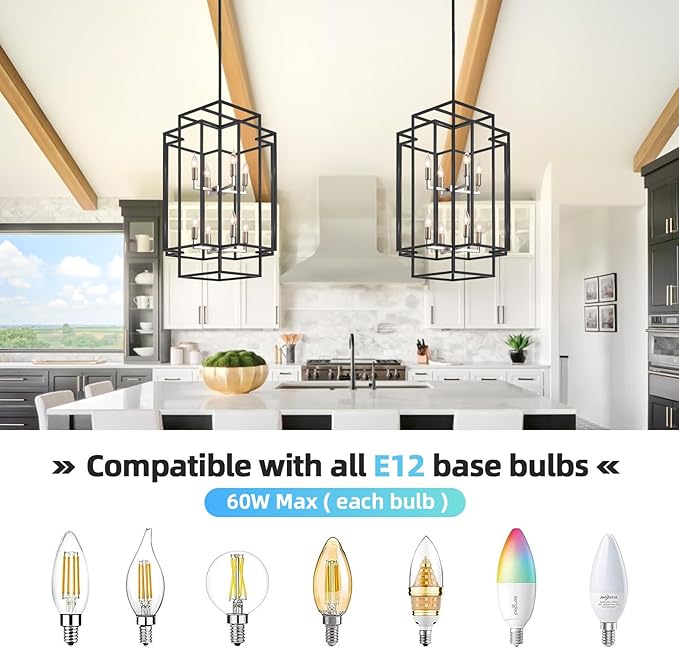 8-Light Farmhouse Chandeliers for Entryway, 31.5" Rectangular Foyer Lighting Fixtures for High Ceilings, Large Pendant Light for Staircase Entry Dinning Room Kitchen Island, Black and Brushed Nickel
