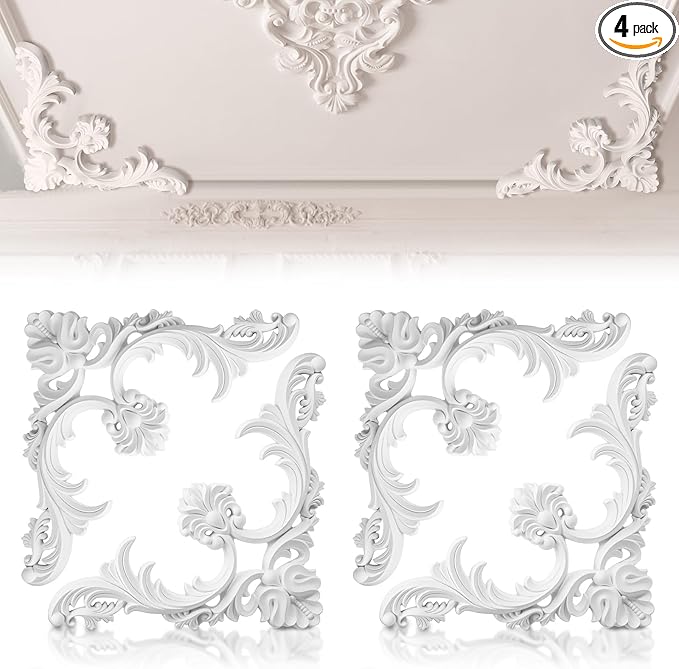 4 Pcs Ceiling Molding Kit Corners Murals Trim French Style Accent Wall Decor for Interior Medallion Ceiling with Flowers Pattern Decorative Panels for Wall (13.4 x 13.4 in,Classic)