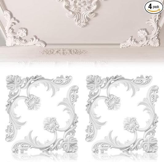 4 Pcs Ceiling Molding Kit Corners Murals Trim French Style Accent Wall Decor for Interior Medallion Ceiling with Flowers Pattern Decorative Panels for Wall (13.4 x 13.4 in,Classic)