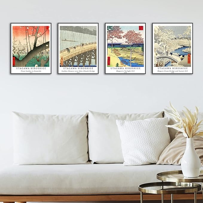 Berkin Arts Wall Art Unframed Prints Giclee Art Paper Set of 4, 11x14 inch Japanese Ukiyo-e Artwork, Bathroom Decoration Aesthetic Rustic Nature Colorful Wilderness Elegant Utagawa Hiroshige Poster
