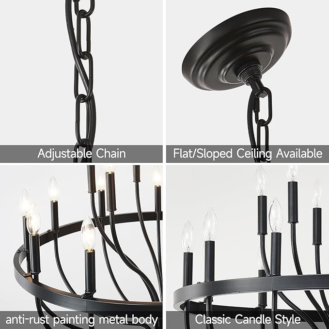 Black Farmhouse Chandelier 32-Inch, 18-Light Dining Room Chandelier, Modern Industrial Candle Chandeliers for Living Room Entryway Foyer E12