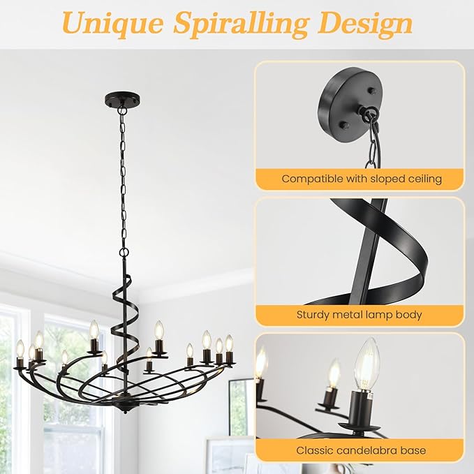 Black Chandelier, 12-Light Farmhouse Chandeliers for Dining Room, Rustic Kitchen Island Lighting, Modern Chandelier for Living Room, Hanging Pendant Lights for Bedroom, Foyer, Staircase, Entry