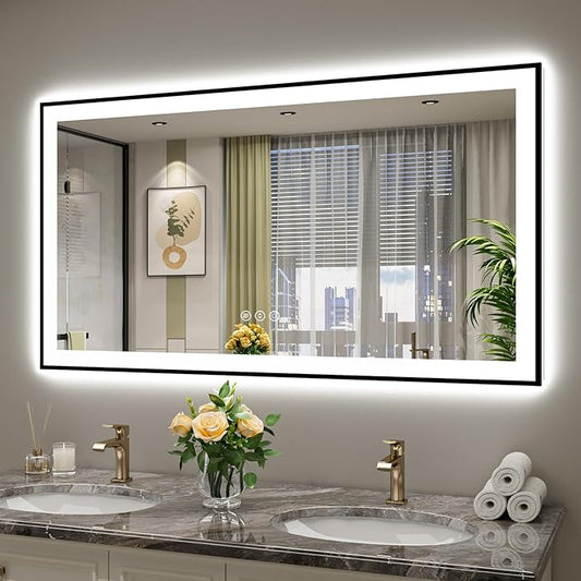 55x30 Inch LED Bathroom Mirror with Lights (Front Lit and Backlit) Black Framed Lighted Vanity Mirror for Bathroom Wall Dimmable Anti-Fog Memory Tempered Glass Horizontal/Vertical