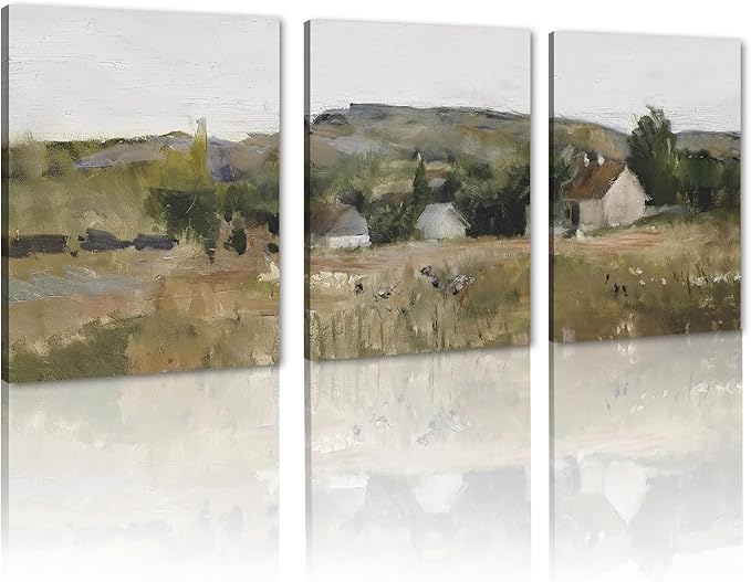 3 Pieces Neutral Landscape Split Print Country Wall Art Canvas Wall Art Vintage Outskirts Painting Prints for Farmhouse & Bedroom Decor Bathroom Framed Ready to Hang-12x16inchx3Pcs