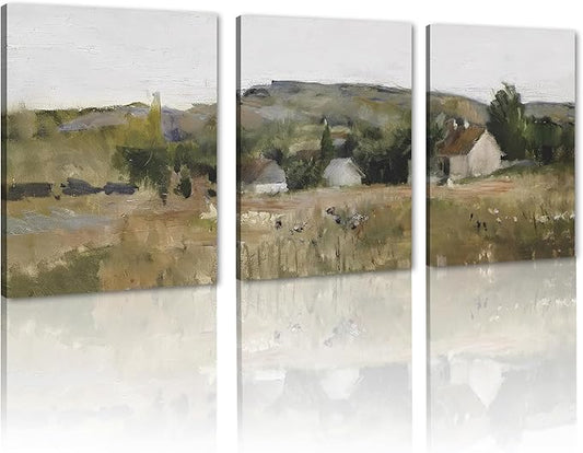 3 Pieces Neutral Landscape Split Print Country Wall Art Canvas Wall Art Vintage Outskirts Painting Prints for Farmhouse & Bedroom Decor Bathroom Framed Ready to Hang-12x16inchx3Pcs