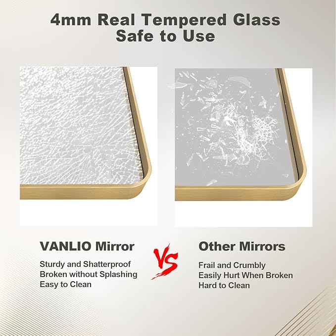 20x30 Inch Gold Framed Bathroom Mirror, Rectangle Brushed Gold Metal Vanity Mirror, Gold Mirror for Wall, Rounded Corner, Tempered Glass, Anti-Rust, Shatterproof (Horizontal/Vertical)