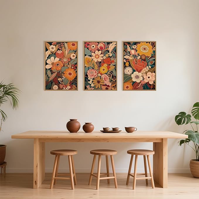Large Brunt Orange Floral Framed Canvas Wall Art,Colorful Vintage Blossom Wall Decor, Boho Retro Flower Artwork,Mid Century Wildflower Botanical Art Print for Living Room,Bedroom- 16"x24"x3
