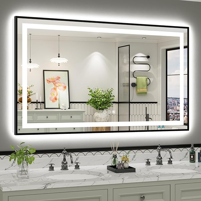 60x36 Inch LED Bathroom Mirror with Black Frame, Backlit & Front Lit, Anti-Fog Lighted Bathroom Vanity Mirror for Wall, Memory Function, Dimmable, HD Tempered Glass, Shatter-Proof