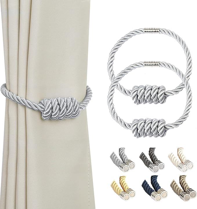 BEL AVENIR Magnetic Curtain Tiebacks, Decorative Drapery Holdbacks Modern Woven Tie-Backs with Exquisite Knot (Sliver, 2 Pack)
