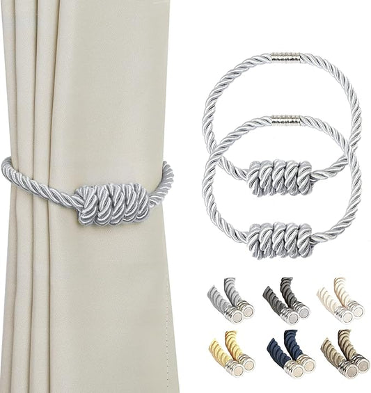 BEL AVENIR Magnetic Curtain Tiebacks, Decorative Drapery Holdbacks Modern Woven Tie-Backs with Exquisite Knot (Sliver, 2 Pack)