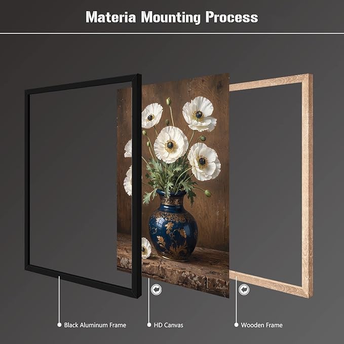 Vintage white poppy flowers canvas painting ornate blue vase gold floral pattern rustic textured wood background ruffled petals green leaves vertical composition botanical wall art home decor