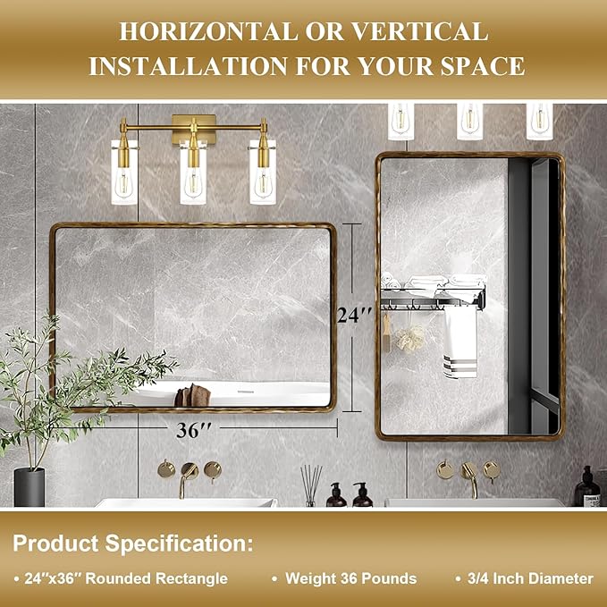 ANDY STAR Hand-Forged Gold Bathroom Mirrors for Wall, 24x36 Inch Vintage Solid Steel Metal Frame Bathroom Vanity Mirror, Antique Rounded Rectangle Wall Mirror, Hangs Horizontally or Vertically