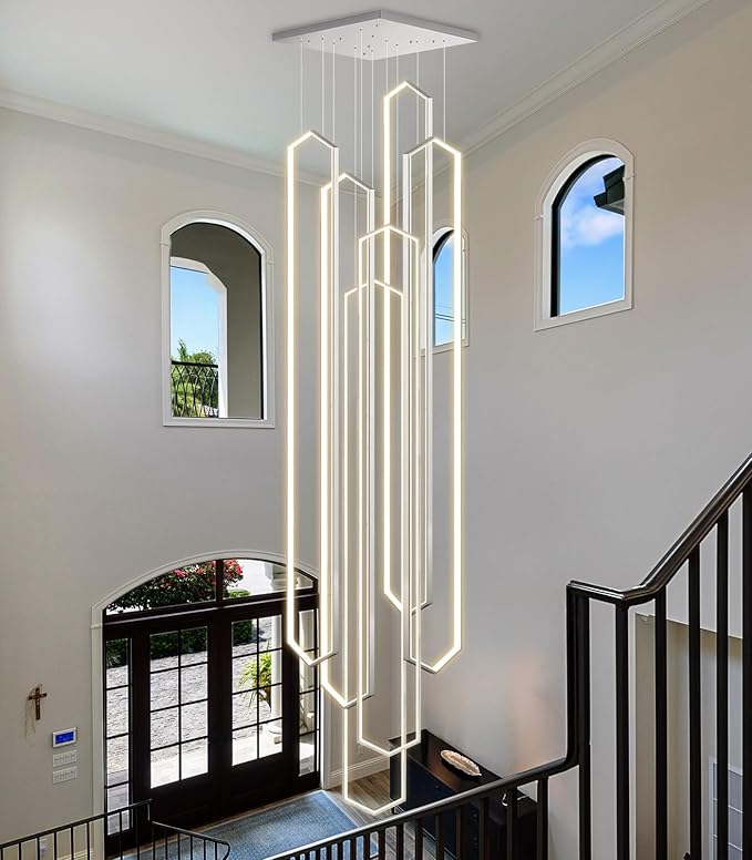6 Rings Large Chandelier for Staircase Modern High Ceiling Chandelier LED Dimmable Chandeliers for Foyer Living Room Villa Silver