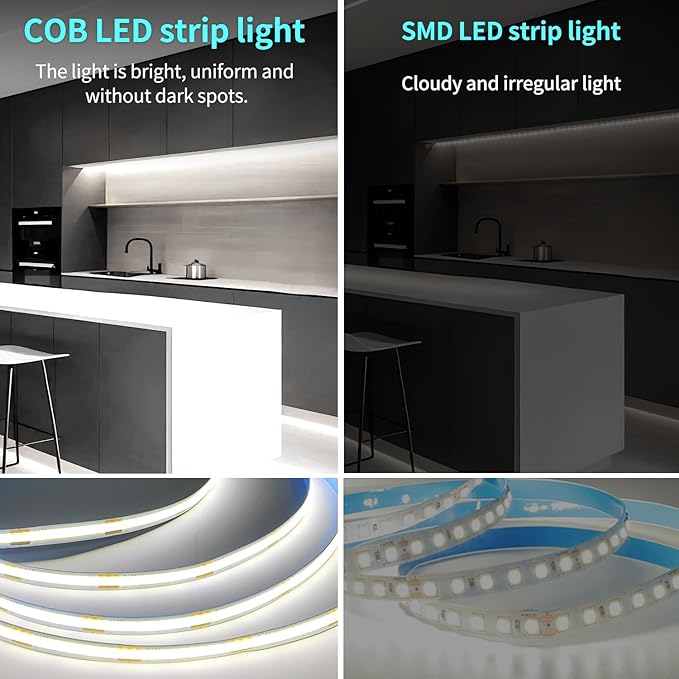 50FT COB LED Strip Lights 6000K White Dimmable DC 24V Flexible LED Tape Light for Bedroom, with Remote and app Control LED Light Strip,for DIY Home Decoration