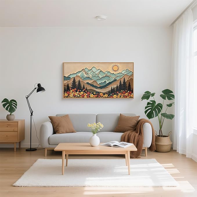 Large Wood Grain Mountain Framed Canvas Wall Art Set,Vintage Sunrise Forest Floral Wall Decor,Rustic Boho Natural Wilderness Art Printing for Living Room,Bedroom,Office-20 * 40"