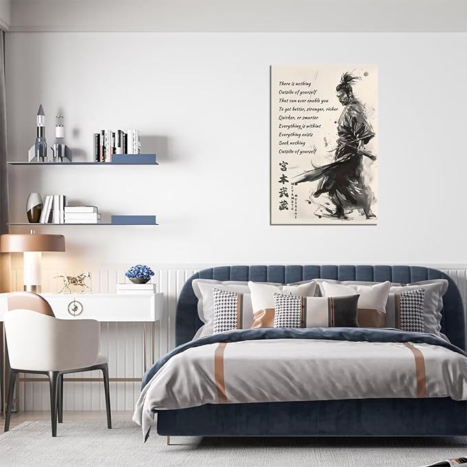 Japanese Samurai Wall Art Miyamoto Musashi Canvas Prints Vintage Japanese Artwork Motivational Poster Inspirational Quotes Painting for Men Bedroom Living Room Office (28''W x 44''H)