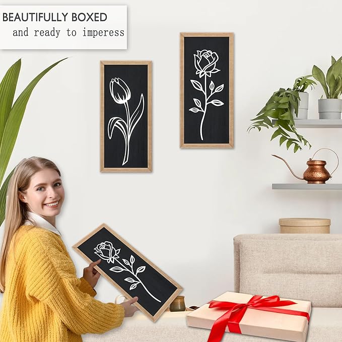 3D Wooden Black and White Floral Framed Wall Decor of 2, 7"X16" Farmhouse Vintage Boho Minimalist Flower Wall Art for Living Room, Rustic Retro Moody Vertical Tulip Rose Botanical Wall Sculptures