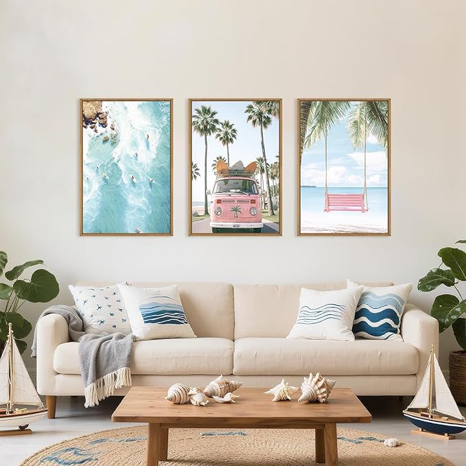 Large Summer Beach Surfing Scene Framed Canvas Wall Art Set,Coastal Pink Van and Surfboards Wall Decor,Trendy Beach Swing Palm Trees Artwork for Living Room,Bedroom-16 x24 x3