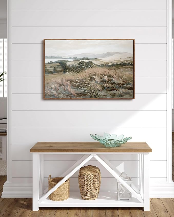 KISSFOX Vintage Landscape Canvas Wall Art Neutral Farmhouse Hills Lake Framed Wall Art Serene Countryside Paintings Artwork Rustic Art Prints For Bedroom Living Room