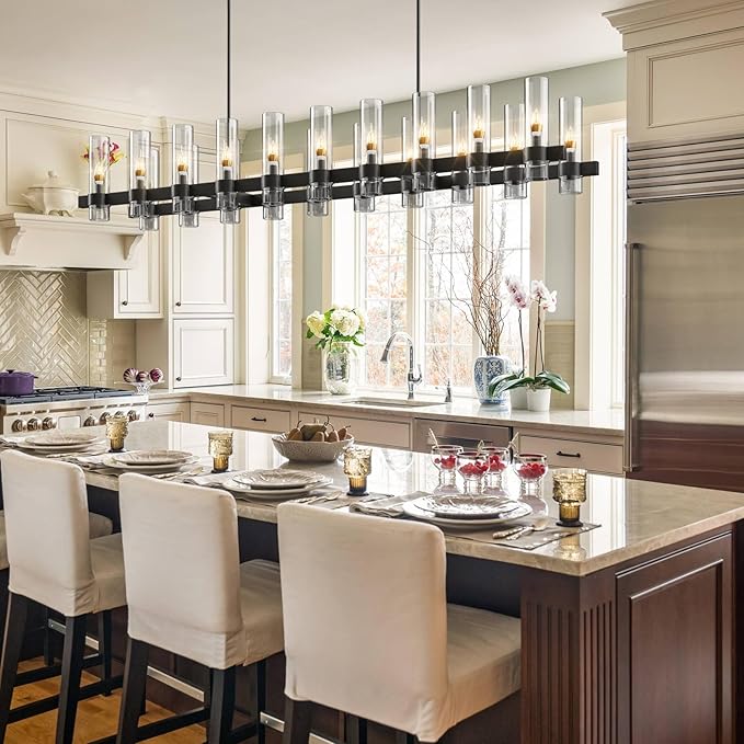 Black Rectangle Kitchen Island Lights, Farmhouse Linear Rectangular Chandelier with Glass Shades, 20 Lights Lighting Fixtures Industrial Pendant Light for Dining Room Over Table