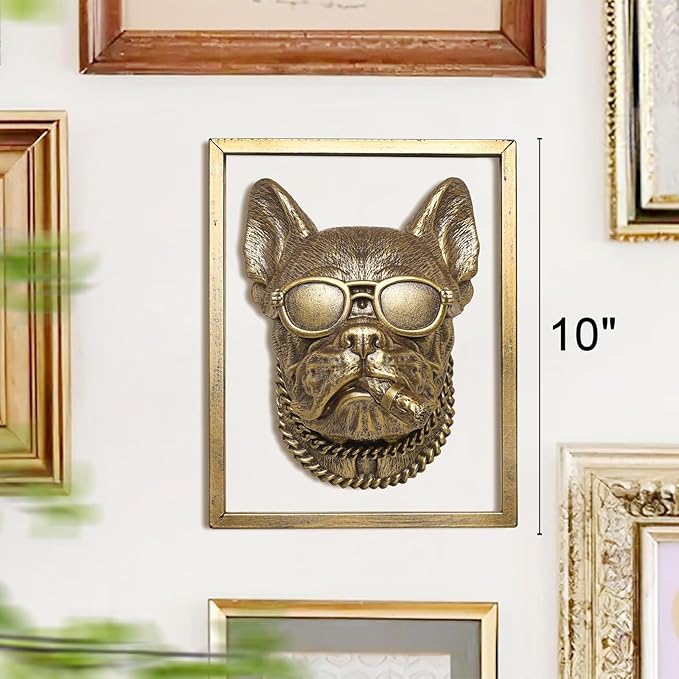 Animal Heads Wall Decor (Includes Metal Frame) Resin Animals Sculptures Head Wall Hanging Decoration Gold vintage Wall Sculpture for Living Room Bedroom Office(Bulldog)