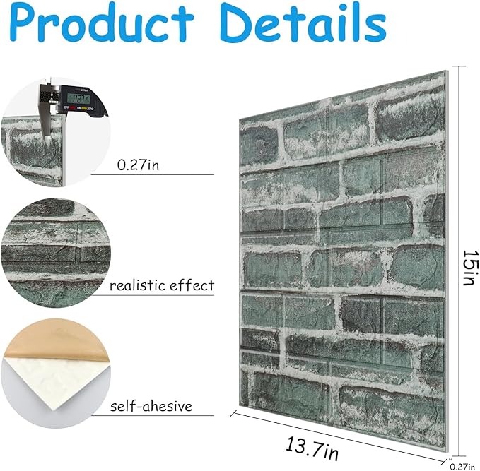 3D Wall Panels Peel and Stick in Green，20 PCS XPE Foam 3D Wallpaper, Faux Brick Wall Panels for Bedroom, Stairs, Kitchen